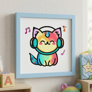 Impression Photo Chat de dessin animé kawaii souriant avec casque