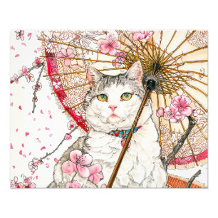 Impression Photo Chat geisha avec parasol et fleurs de cerisier
