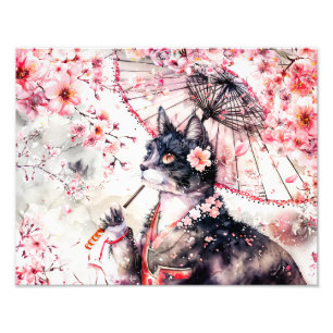 Impression Photo Chat Geisha avec Parasol et Fleurs de Cerisier