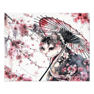 Impression Photo Chat Geisha avec Parasol et Fleurs de Cerisier à C