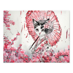 Impression Photo Chat geisha serein avec fleur de cerisier et paras
