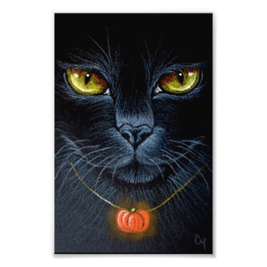 IMPRESSION PHOTO CHAT NOIR HALLOWEEN AVEC PENDENTIF DE POMPING 4" X (Devant)