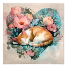 Chat roux endormi rêveur floral aquarelle