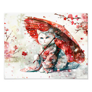 Impression Photo Chatte geisha mystérieuse avec un parasol rouge