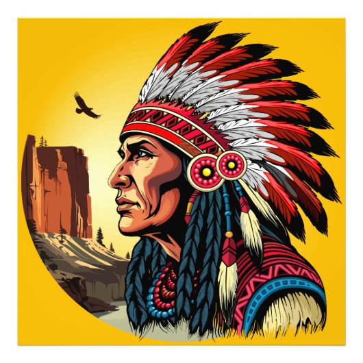 Impression Photo Chef amérindien sur paysage sauvage coucher de sol (Devant)