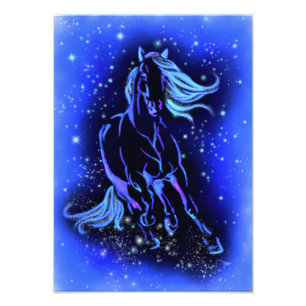 Impression Photo Cheval Bleu Néon Couchant Au Lune Starry Night