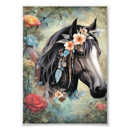 Impression Photo Cheval brun dans les fleurs. (Devant)