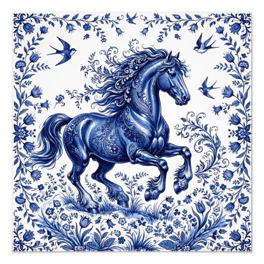 Impression Photo Cheval frison de style Delft Delftware dans un pré (Devant)