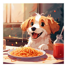 Chien mangeant spaghetti