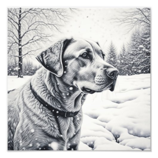 Impression Photo Chien noir et blanc AI Croquis hiver scène (Devant)