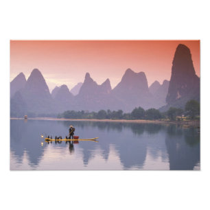 Impression Photo Chine, rivière Li. Pêcheur solitaire au cormoran.