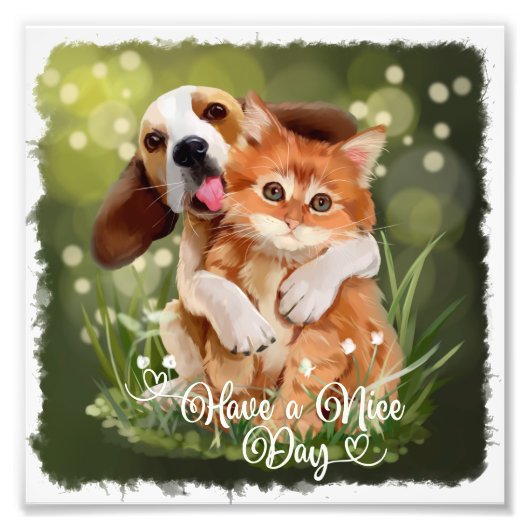 Impression Photo chiot beagle embrassant un chaton gingembre (Devant)
