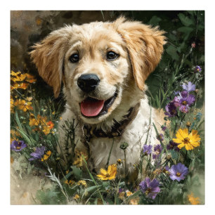 Impression Photo Chiots Retriever doré Prairie de Fleur Sauvage Joi