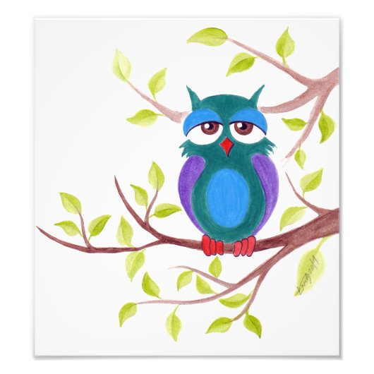 Impression Photo Chouette endormie mignonne sur un arbre Peinture d (Devant)