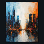 Impression Photo Cityscape dans les deux tons<br><div class="desc">Une peinture expressionniste vibrante et abstraite d'un paysage urbain moderne la nuit. L'image est scindée, contrastant les bleus cool et blancs sur la gauche avec des oranges chaudes et des rouges enflammés sur la droite. De grands gratte-ciel sombres se reflètent dans l'eau en contrebas, mis en évidence par les fenêtres...</div>