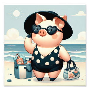 Impression Photo Cochon mignon en maillot de bain à pois à la plage