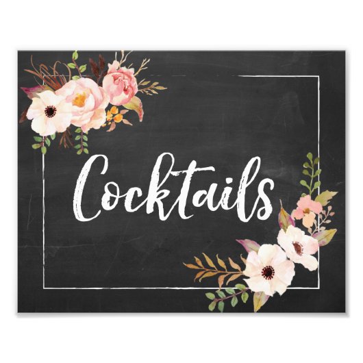 Impression Photo Cocktails Rustique Chalkboard Floral Mariage Sign (Devant)