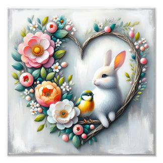 Impression Photo Cœur Floral Fantaisiste de Lapin et d'Oiseau