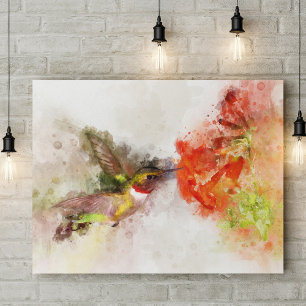 Impression Photo Colibri à l'aquarelle se nourrissant d'une fleur v