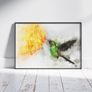 Impression Photo Colibri vibrant et aquarelle florale jaune