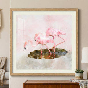 Impression Photo Compagnie de Flamants Roses dans l'Art à l'Aquarel