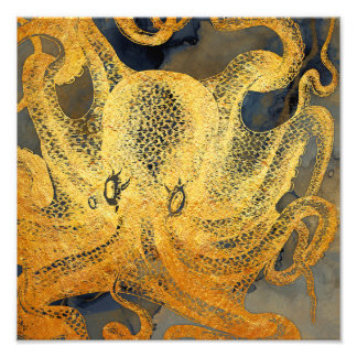 Impression Photo Côte Vintage or bleu noir octopus aquarelle