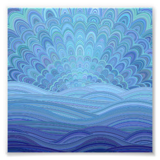 Impression Photo Coucher de soleil bleu Mandala au bord de l'océan