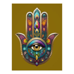 Impression Photo Couleurs de paon Hamsa avec Troisième Œil en or