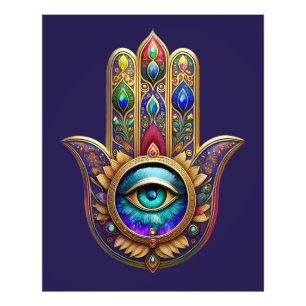 Impression Photo Couleurs Paon Doré Hamsa Saphir Vert Troisième Œil