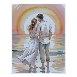 Impression Photo Couple sur la plage au coucher du soleil