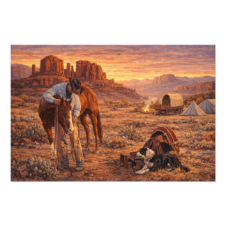 Impression Photo Cow-boy et Cheval Coucher de soleil