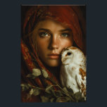 Impression Photo Crimson Scarf Snowy Owl Portrait Mystery<br><div class="desc">A young woman with luminous green eyes looks straight ahead beneath a richly textured crimson headscarf that frames her face like a medieval veil. A snowy owl with delicate brown markings perches calmly on her shoulder, its gaze mirroring hers in quiet intensity. Golden autumn leaves cling to the fabric and...</div>