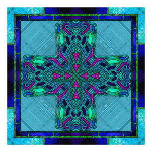 Impression Photo Croix celtique en verre coloré bleu et aqua