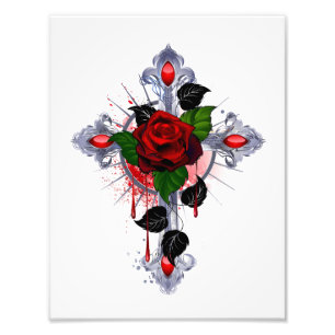 Impression Photo Croix d'argent avec une rose rouge