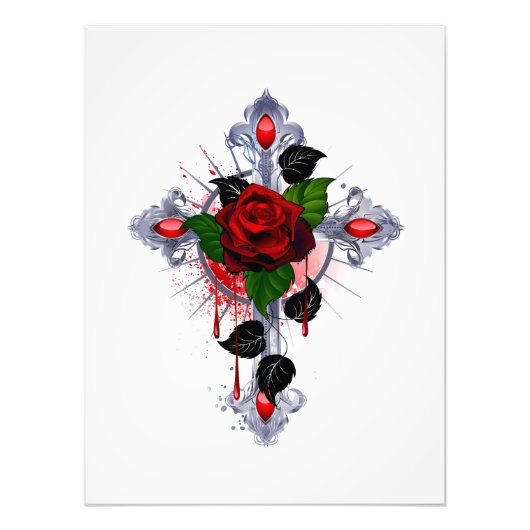 Impression Photo Croix d'argent avec une rose rouge (Devant)