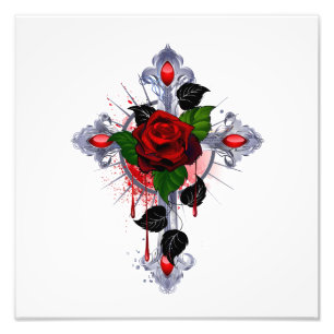 Impression Photo Croix d'argent avec une rose rouge