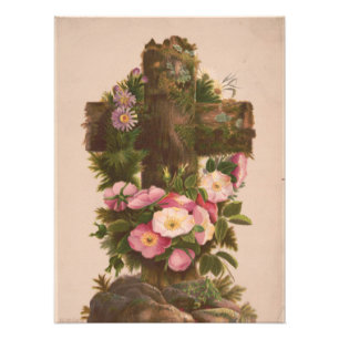 Impression Photo Croix rustique antique, roses sauvages, carte de P