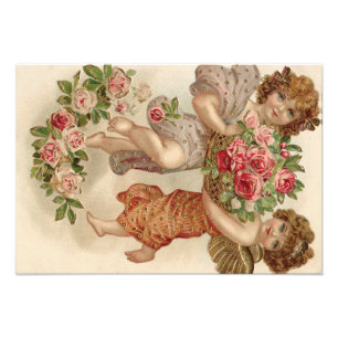 Impression Photo Cupidon Chérubin Ange Panier Roses Rose
