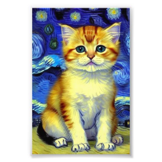 Impression Photo Cute Kitten Starry Night Van Gogh (Devant)
