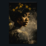 Impression Photo Dandelion Crown Melanin Glow Portrait<br><div class="desc">Golden light caresses rich brown skin, illuminating sculpted cheekbones, glossy lips, and soulful dark eyes beneath a voluminous natural afro adorned with delicate yellow dandelions and their feathery seeds. The wildflowers form an organic crown that feels alive and symbolic—growth emerging from within, fragility turned into strength, renewal woven into identity....</div>