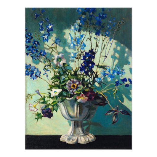 Impression Photo Delphinums dans un vase blanc par Grant Wood (Devant)