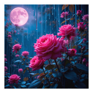 Impression Photo Des roses roses vibrantes dans un jardin pluvieux 