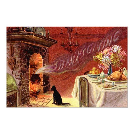 Impression Photo Dîner de Thanksgiving Chat Noir Cheminée Dinde (Devant)