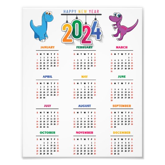 Impression Photo Dinosaure drôle coloré 2024 Calendrier (Devant)