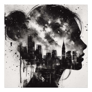 Impression Photo Double exposition Guérison de fille avec City Skyl