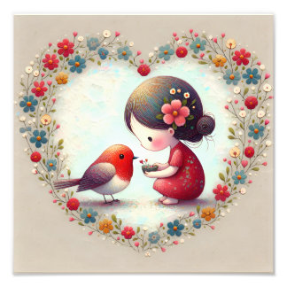 Impression Photo Douce Robin et petite fille Cœur floral
