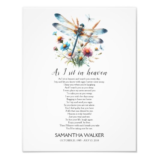 Impression Photo Dragonfly As I sit in Heaven Memorial Poem Signe (Devant)