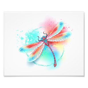 Impression Photo Dragonfly rouge sur l'arrière - plan aquarelle