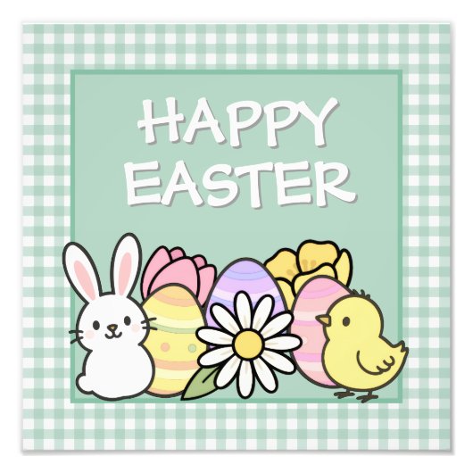 Impression Photo Easter Bunny Chick Eggs Green Gingham (Devant)
