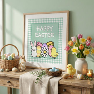Impression Photo Easter Bunny Chick Eggs Green Gingham